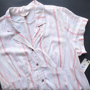 Striped Button Front Maxi Shirt Dress 0X 14W Linen Blend Beach Coastal Casual